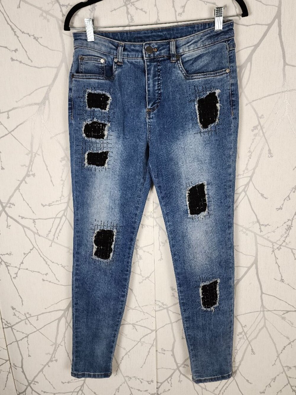 Joseph Ribkoff Rhinestone Patchwork High Rise Skinny Jeans - Picture 2 of 9